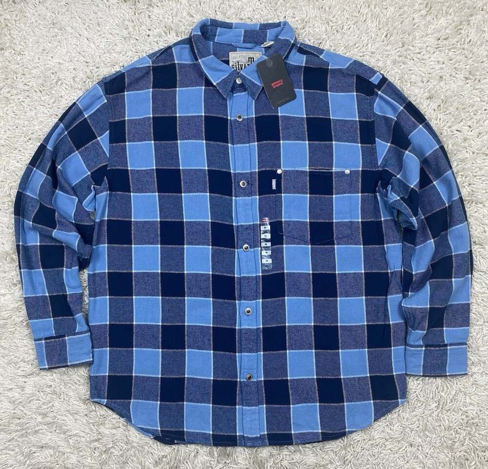 Levis Silver Tab Oversized Flannel Shirt Mens M Blue Buffalo Plaid Button Up NWT